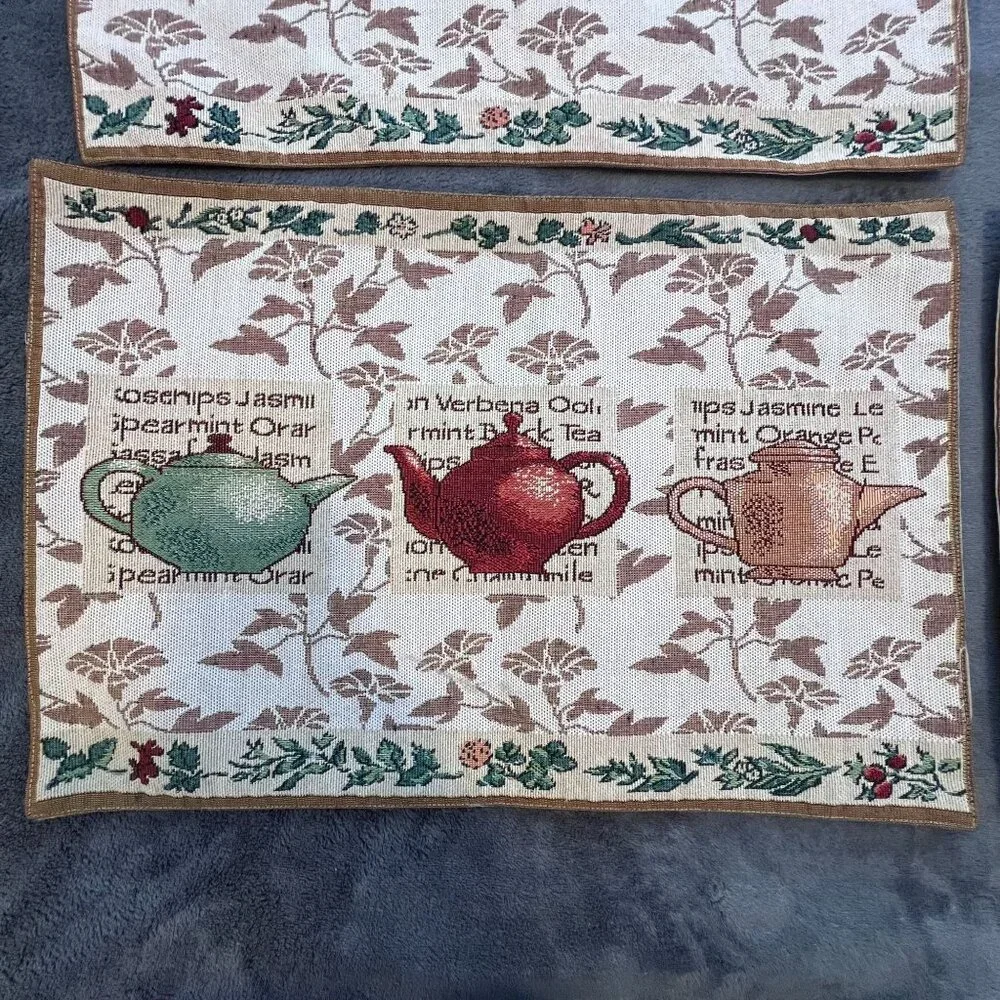 Set Of 4 Vintage Teapot Tapestry Placemats With Herb‎ Motifs Cottagecore